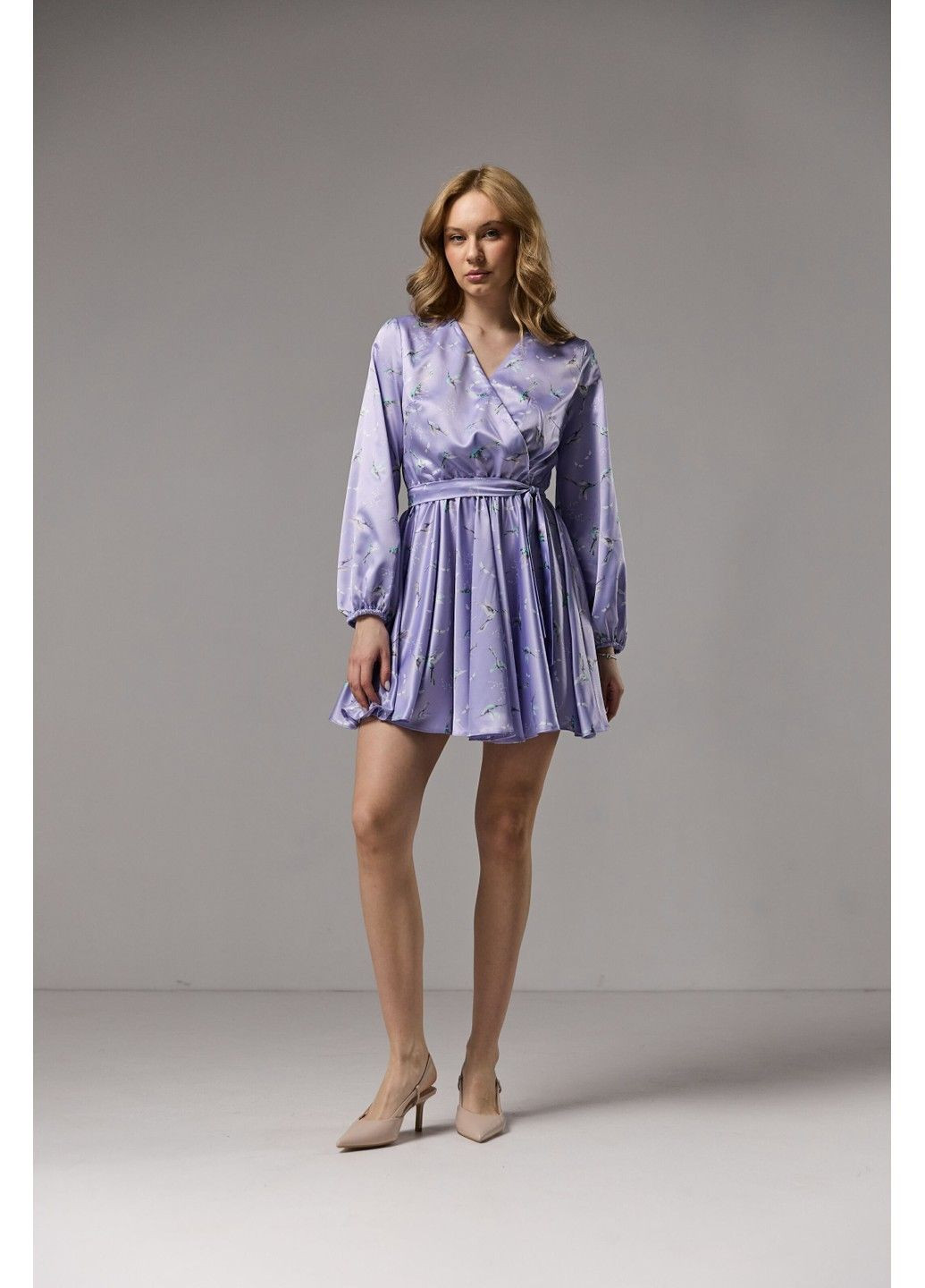 Лиловое платье мини шелк в принт лиловое колибре Bessa