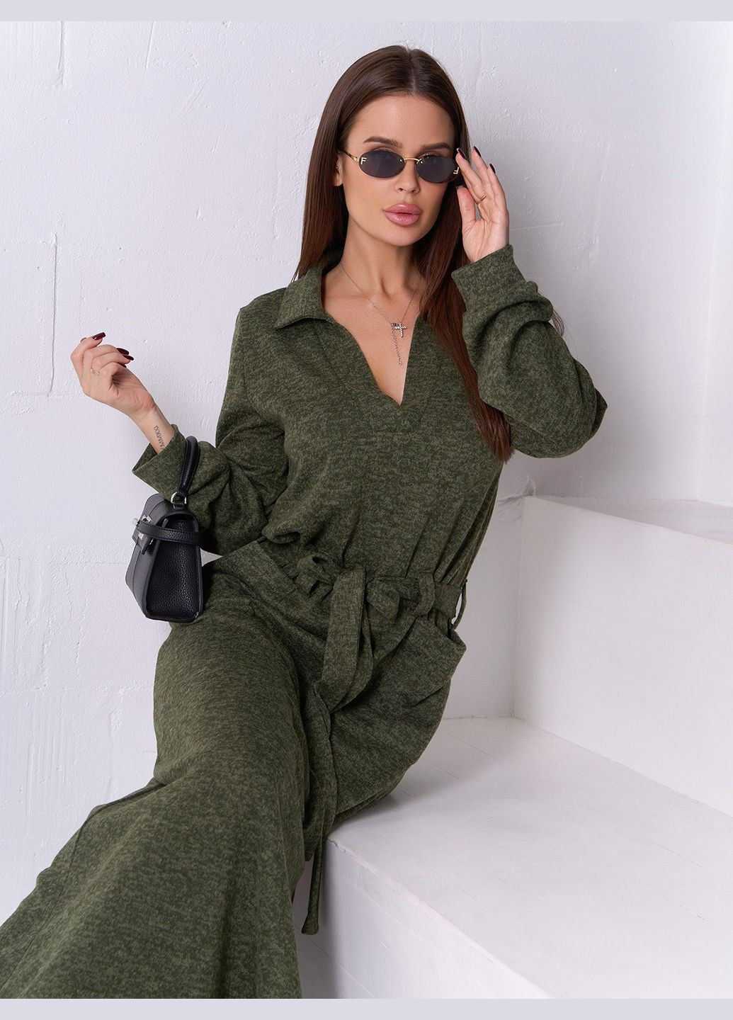 Оливкова (хакі) повсякденний, кежуал червона ангорова сукня з кишенями No Brand