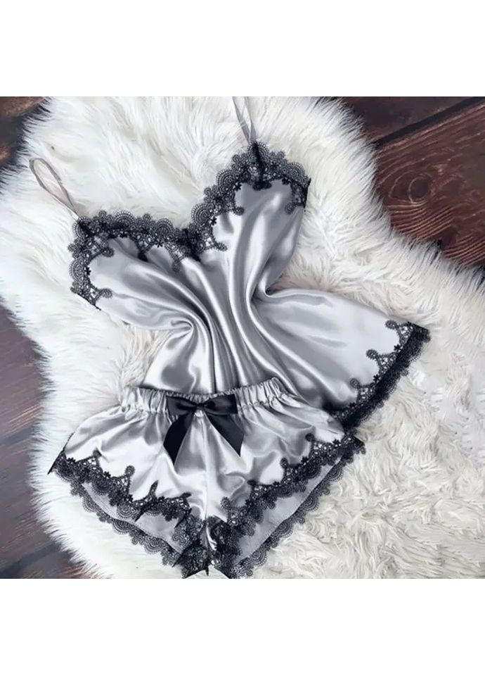 Срібна піжама жіноча. атласна піжама з мереживом. жіноча піжама двойка з шортами і топом China