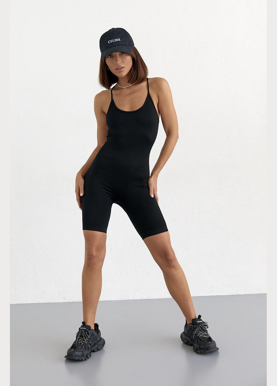 Женский спортивный комбинезон на бретелях Liton комбинезон-шорты однотонный чёрный спортивный полиамид, эластан