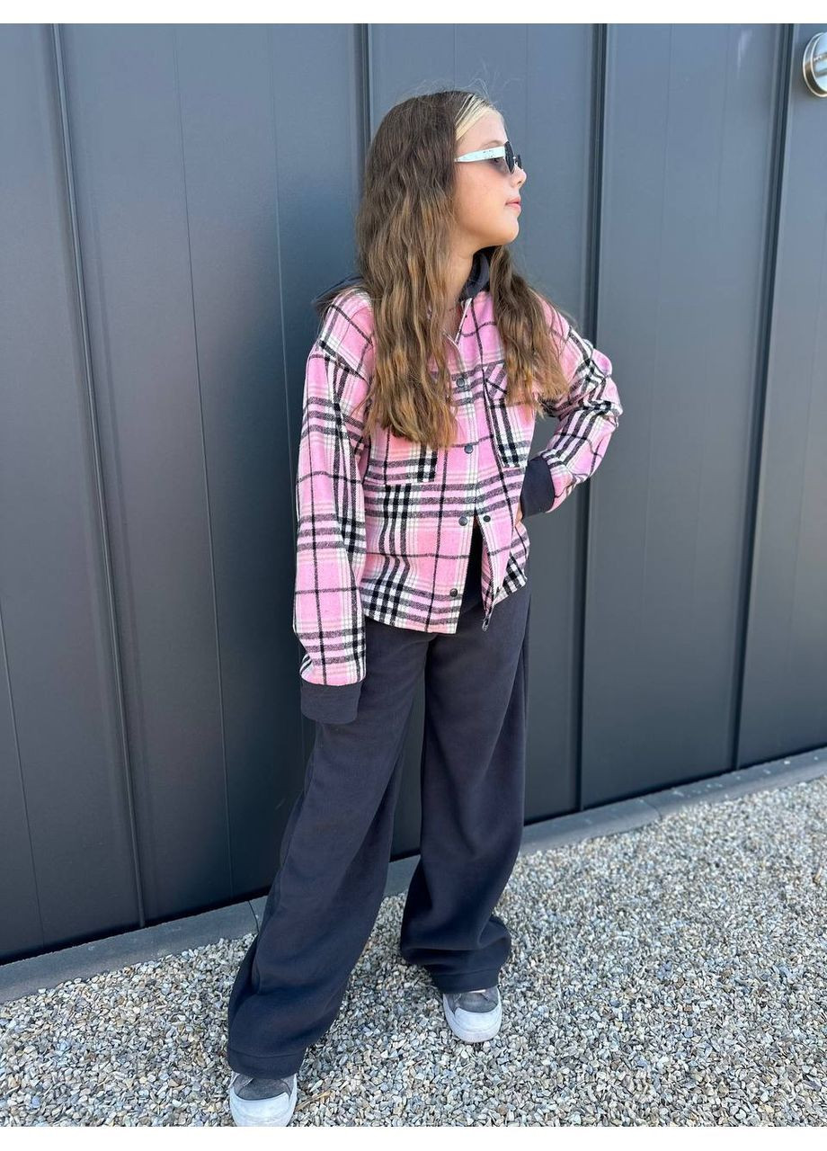 Розовый комплект рубашка байка + брюки на флисе для девочек No Brand