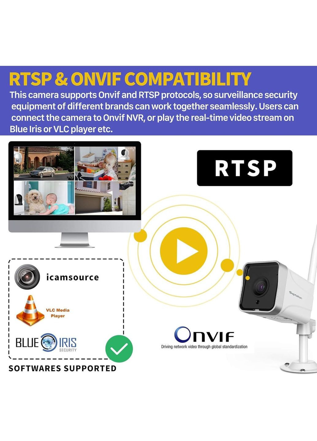 Вулична камера Septekon S50, 2K, WiFi з двостороннім аудіо, нічним баченням та виявленням руху No Brand (317923176)