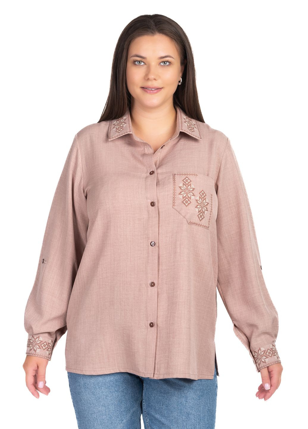 Пудрова жіноча сорочка з вишивкою орнамент (пудровий) Golfstream вільна поліестер, льон, еластан (349462111)
