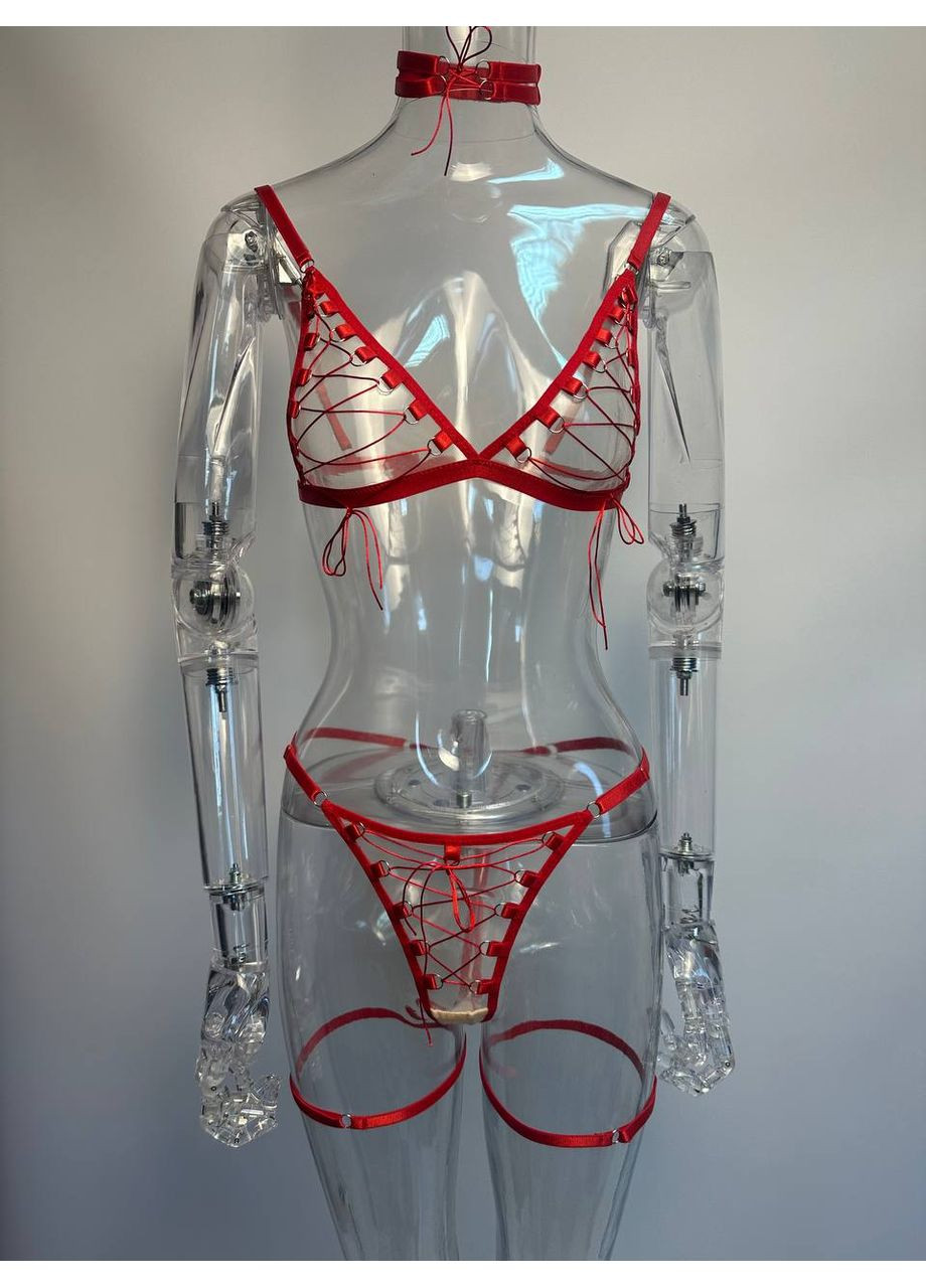 Червоний демісезонний комплект жіночої нижньої білизни poker з шнурівкою бюстгалтер трусики з гартерами та чокер червоний No Brand Покер