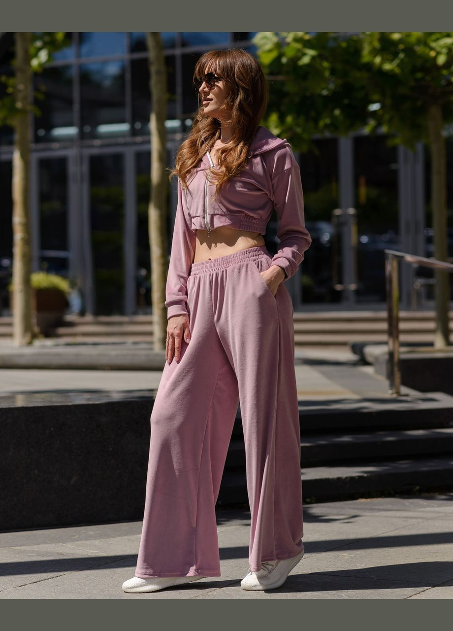 Жіночий костюм з велюру кофта на змійці з капюшоном та штани-палаццо Бузковий Maybel (294057691)