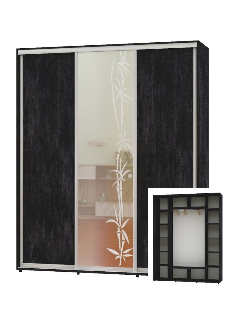 Шафа-купе тридверна 200*60*230 Бетон темний 2 ДСП/Дзеркало з піскострумним малюнком ШК-05 Алекса (360439300)