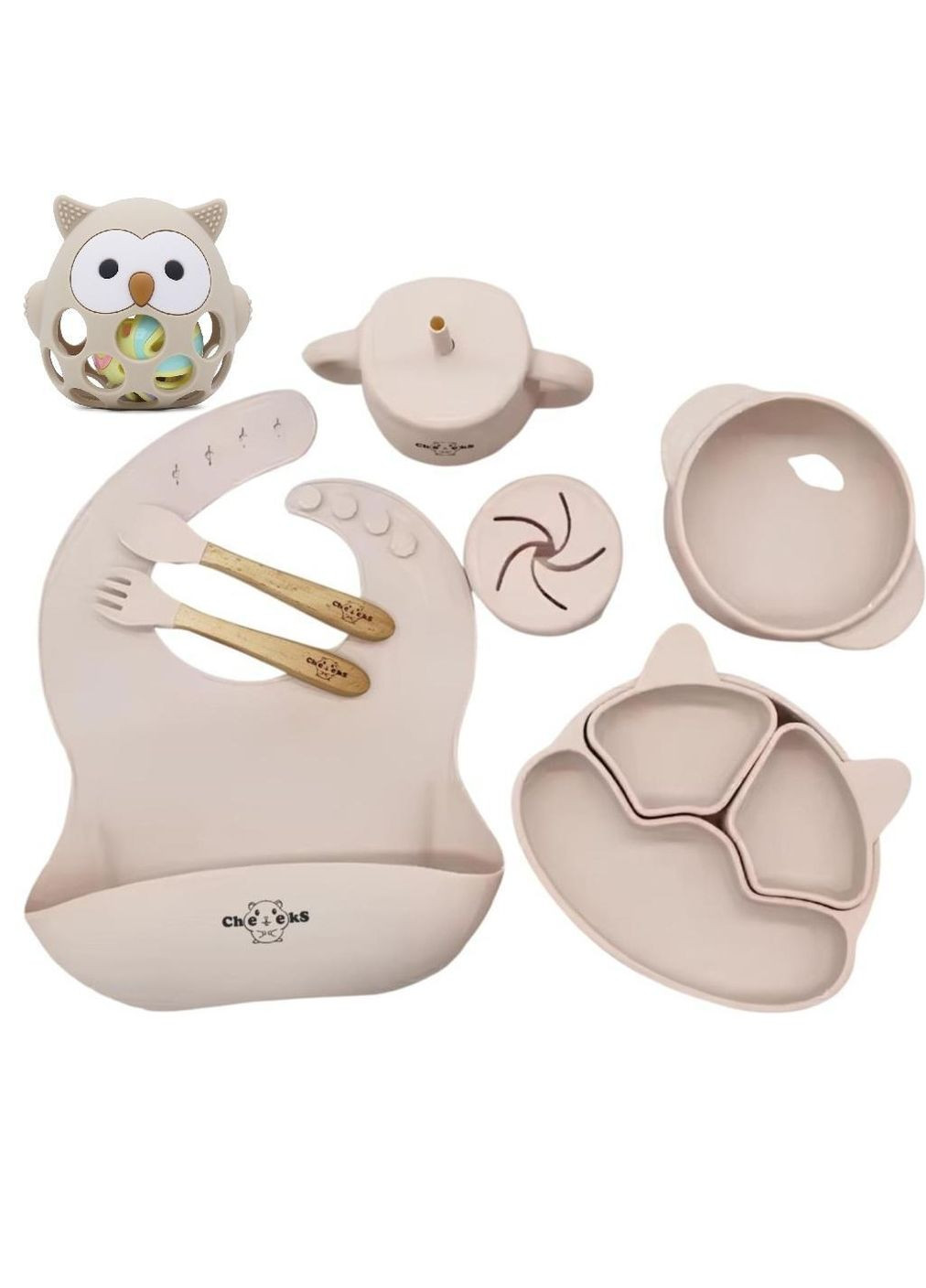 Набор детской силиконовой посуды для прикорма на присосках из пищевого силикона с грызункой-погремушкой Cheeks No Brand (362712338)