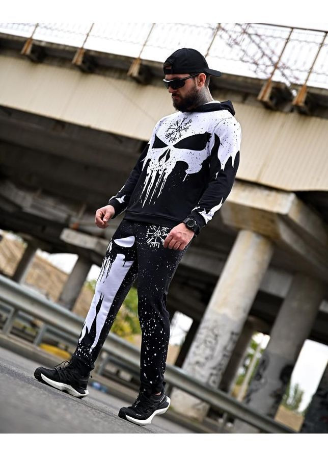 Мужской милитари спортивный костюм двунитка Череп черный весна/осень No Brand (363222647)