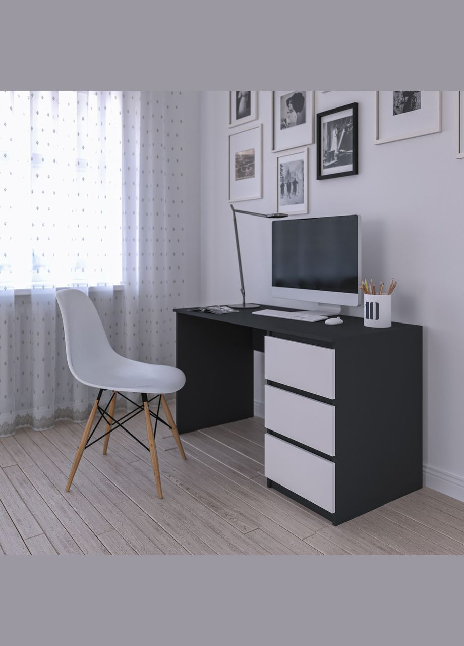 Комп'ютерний стіл, письмовий стіл з тумбою справа на три висувних ящика c фасадами без ручок R-1 Антрацит / Білий фасад VAYS (373034323)