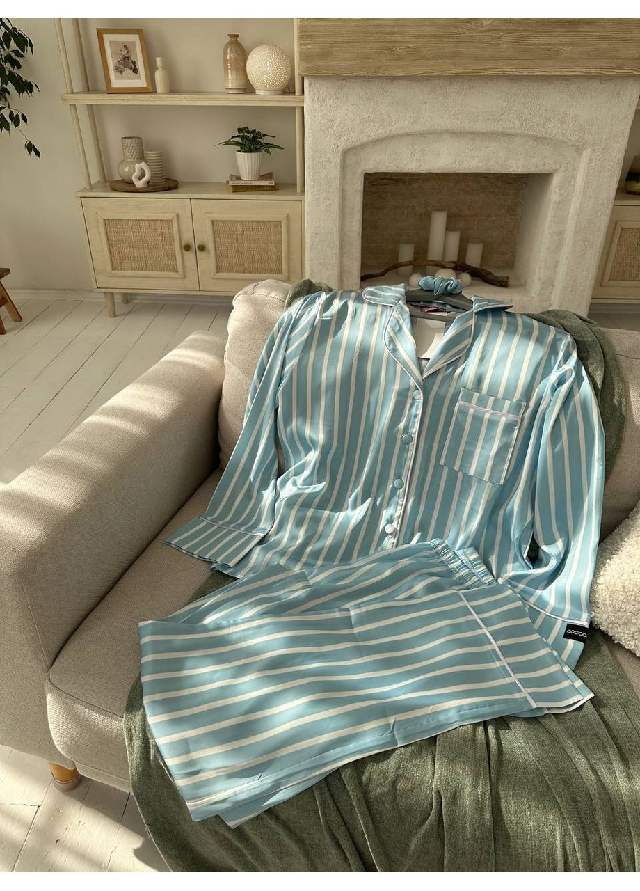 Голубая всесезон женская пижама | голубая полоска рубашка + брюки Vital-Textile 1263