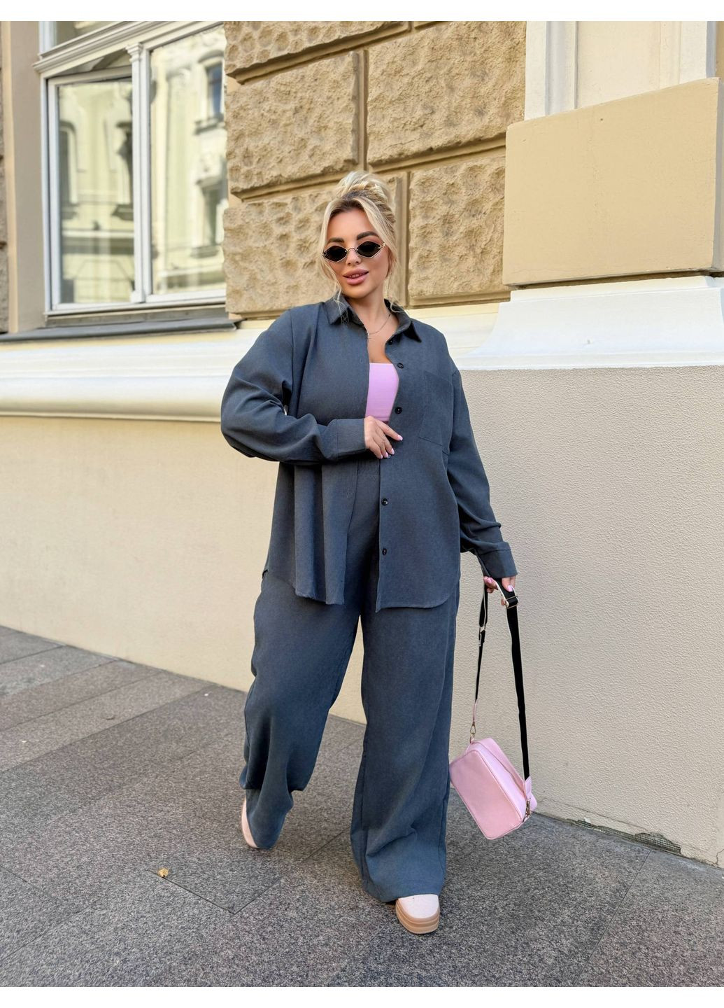 Костюм батал,микровельвет,рубашка свободного кроя и брюки с высокой посадкой Україна (355268081)