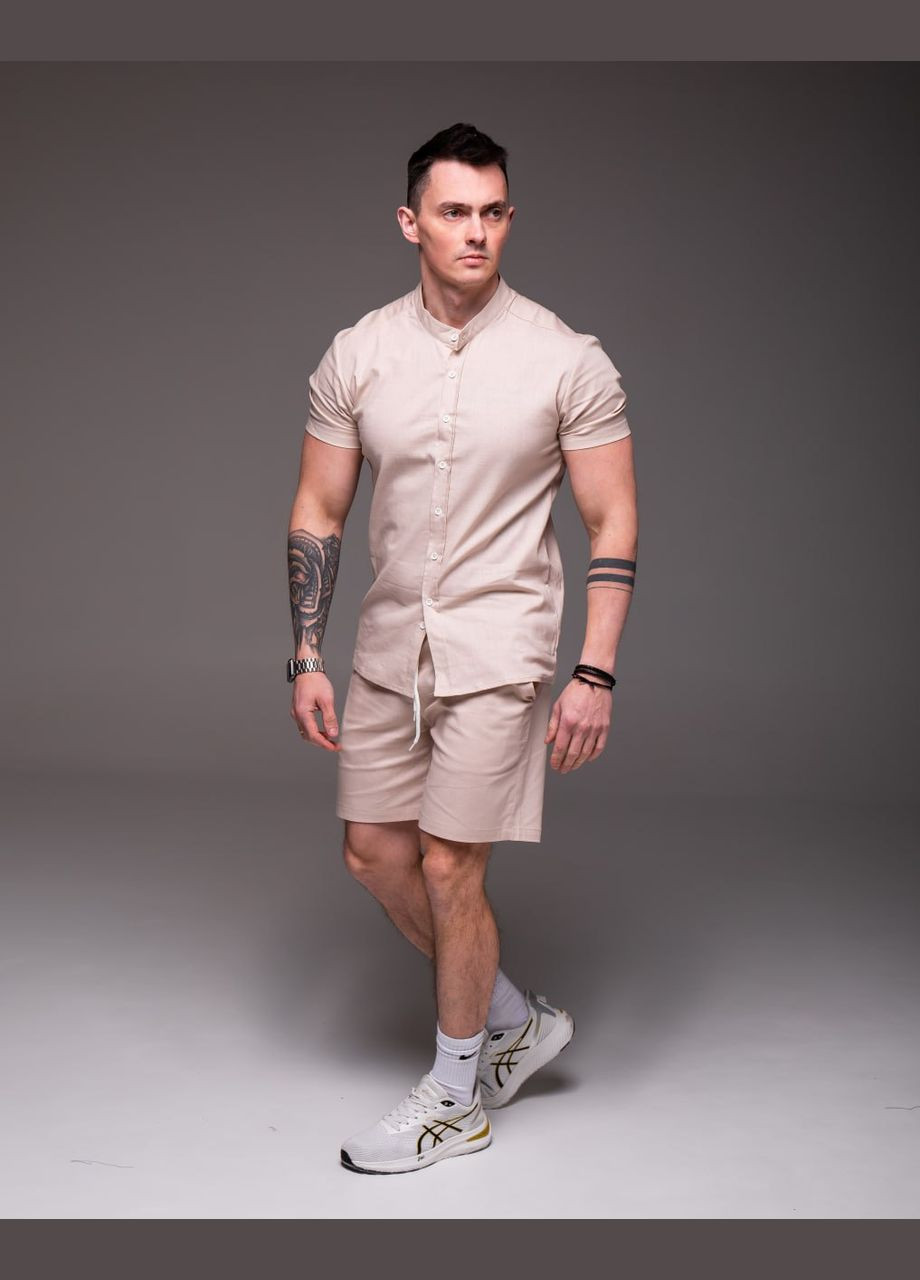 Бежевый летний стильный и легкий костюм из льна. с шортами, с рубашкой Vakko