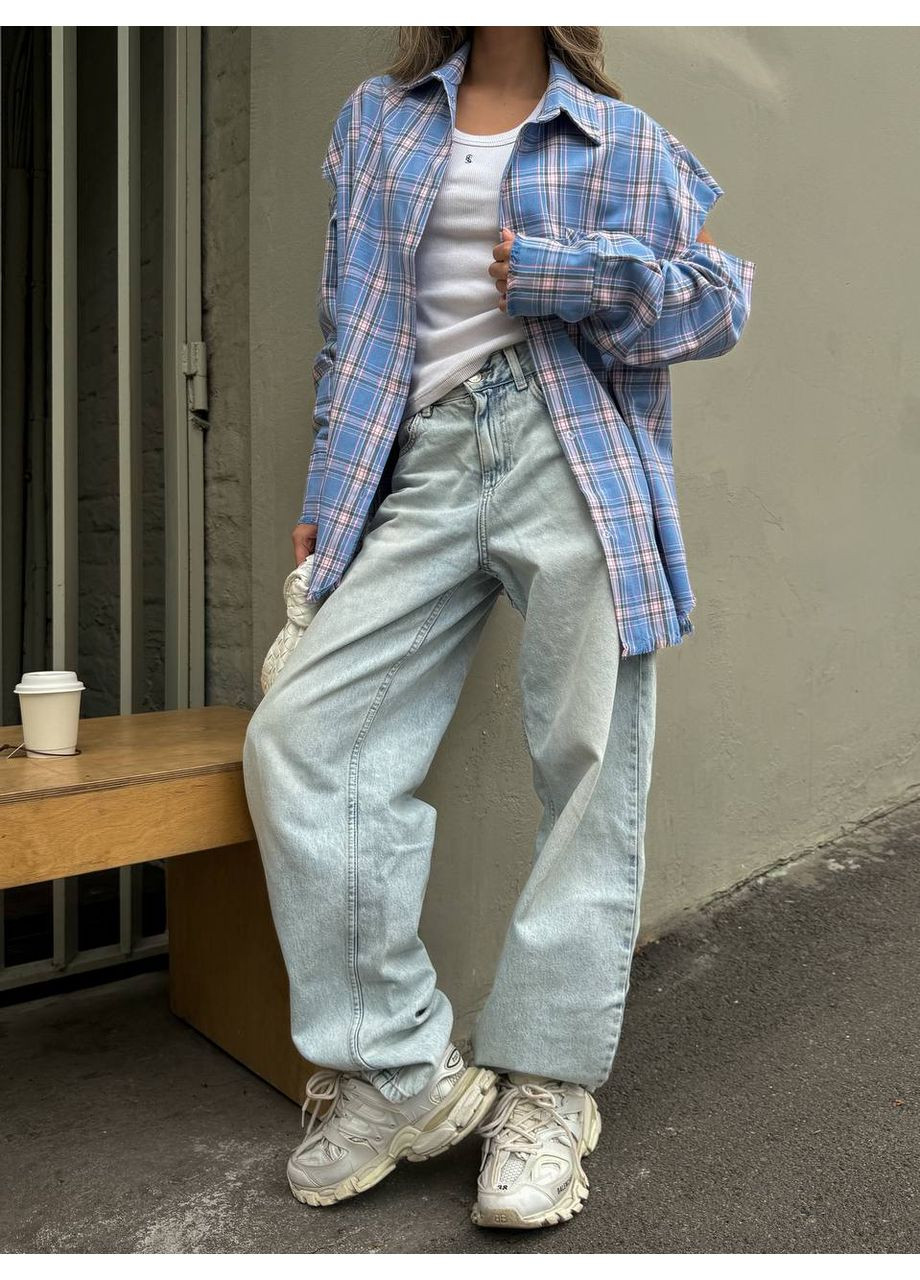 Голубой повседневный рубашка в клетку Україна с длинным рукавом