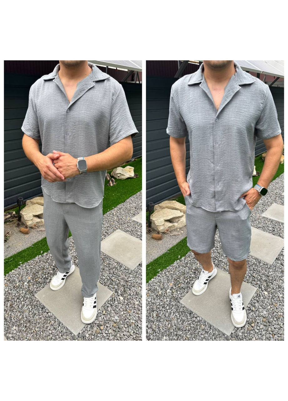 Сірий літній чоловічий лляний костюм з шортами, з сорочкою, трійка, брючний FINO Mode