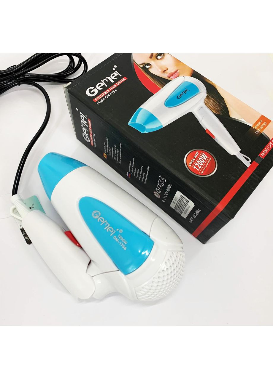 Фен для волос складной дорожный GM-1756 1200 Вт. Цвет: голубой Gemei (364663731)