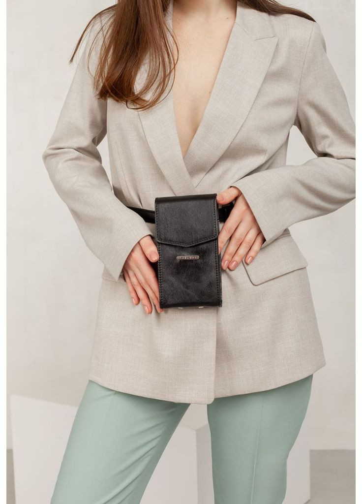 Вертикальна жіноча шкіряна сумка Mini чорна поясна / кроссбоді BlankNote (348359197)