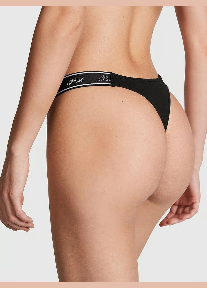 Трусики-стринги хлопковые PINK Logo Cotton High-Leg Thong Panty черные Victoria's Secret (314769617)
