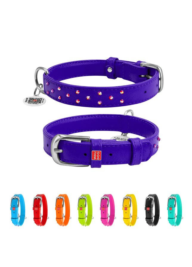 Ошейник для собак кожаный Glamour с QR паспортом, с клеевыми стразами, Ш 25 мм, Длин 38-49 см фиолетовый WAUDOG (322002758)
