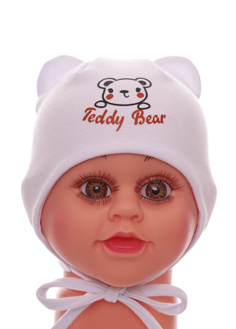 Шапка на зав'язках для хлопчика подвійний трикотаж Teddy Bear біла 1м+ (50982) BABYKROHA (323469369)