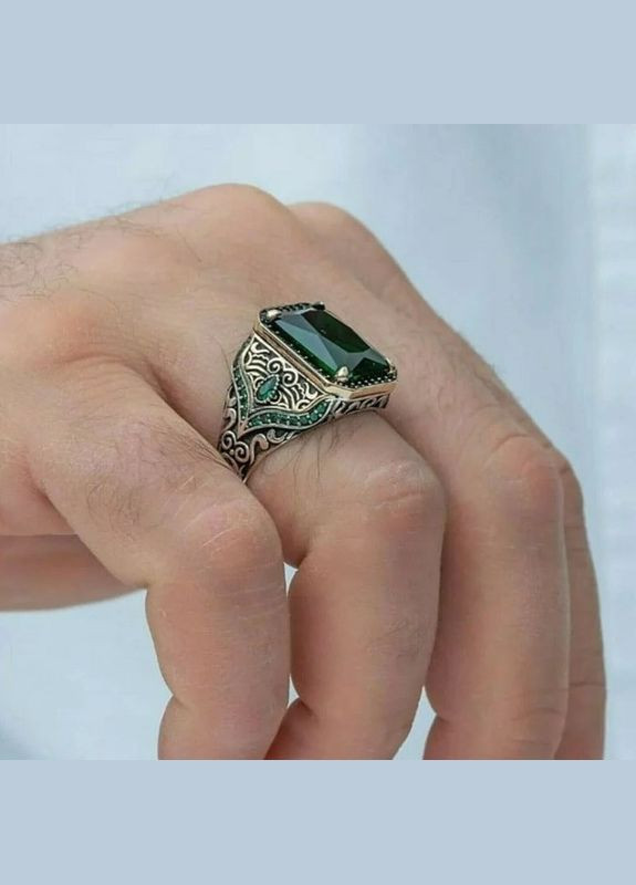 Турецкий стиль винтажное мужское кольцо байкерский перстень с большим зеленым камнем размер 20 Fashion Jewelry (290664042)
