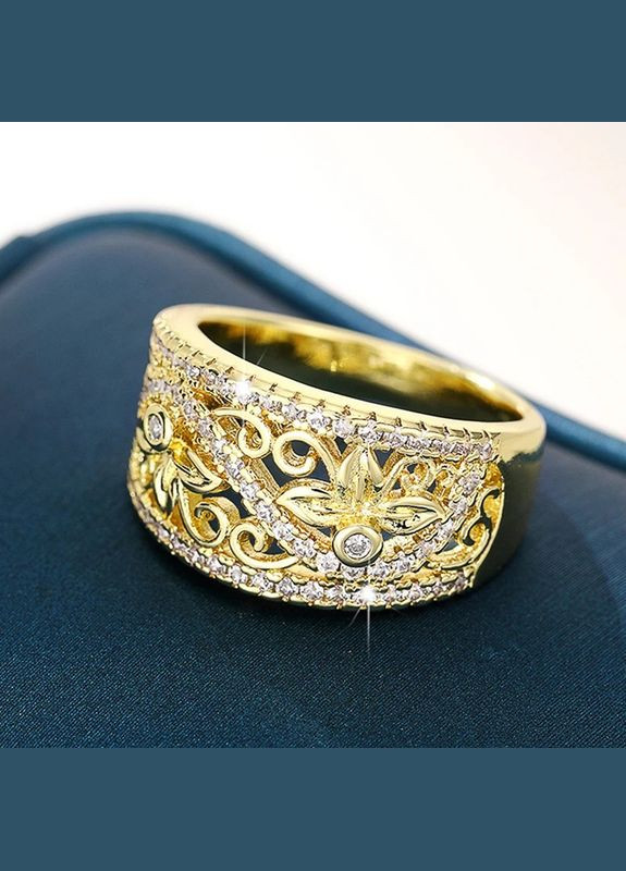 Золотистое женское кольцо роскошное обручальное колечко с оригинальными узорами и белыми камнями р 18 Fashion Jewelry (285814499)