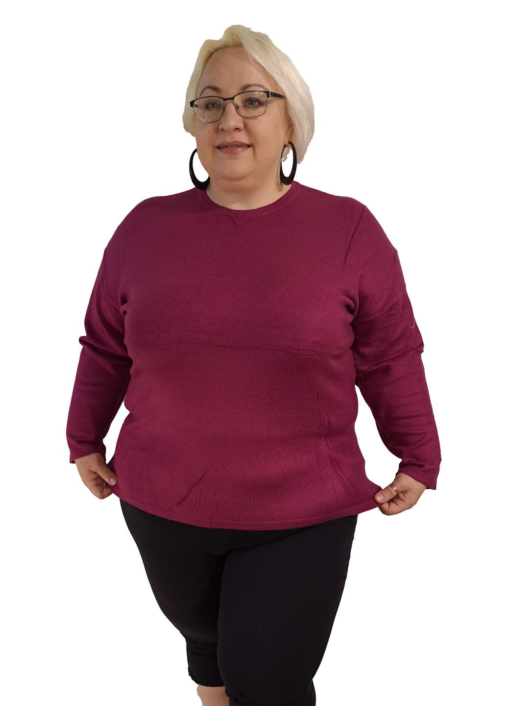 Бордовый демисезонный джемпер однотонный с длинным рукавом, батал в цвете. No Brand