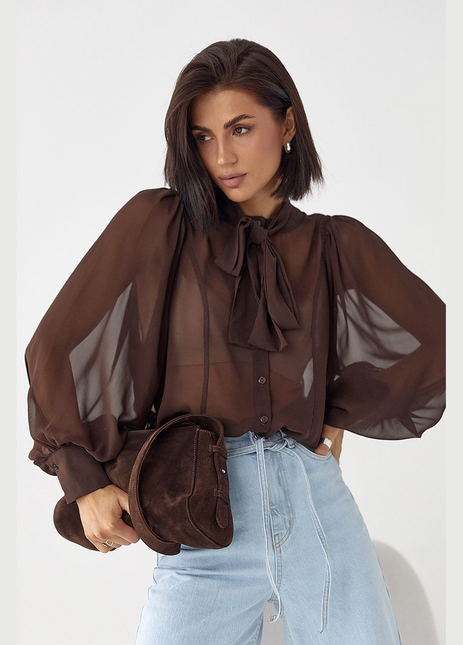 Коричнева прозора блуза з рукавами-ліхтариками Lurex