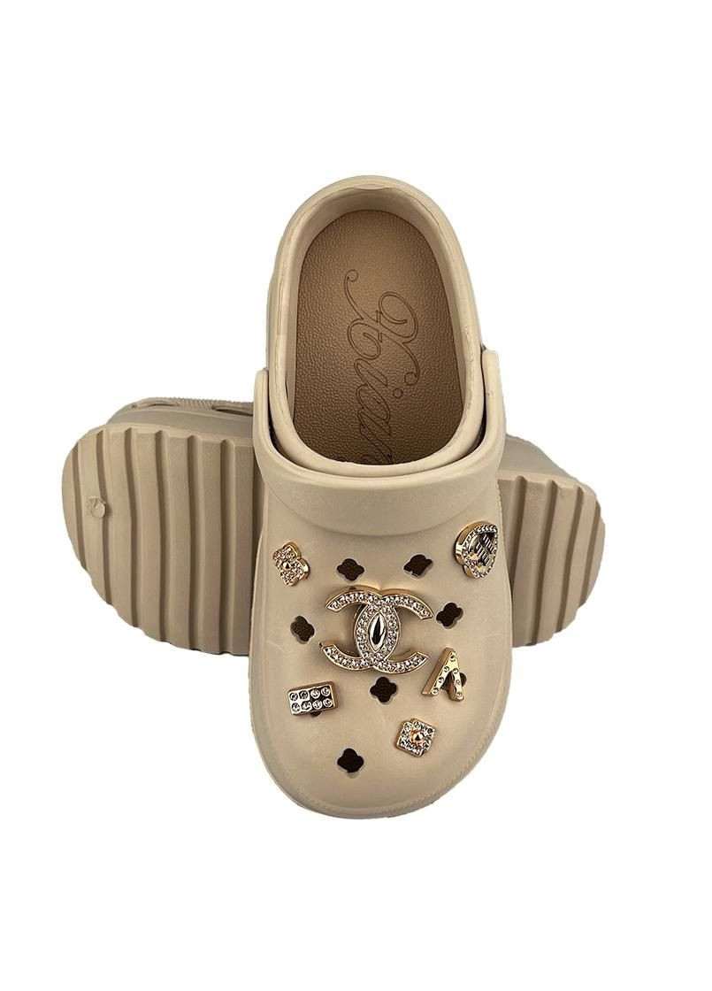 Женские кроксы сабо на платформе с джибитсами бежевые 10838-3 No Brand (331344690)