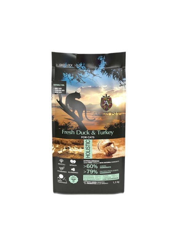 Grain Free Cat Fresh Duck & Turkey - Сухий беззерновий корм зі свіжою качкою та індичкою для стерилізованих котів - 1.5 кг Ambrosia (371348295)