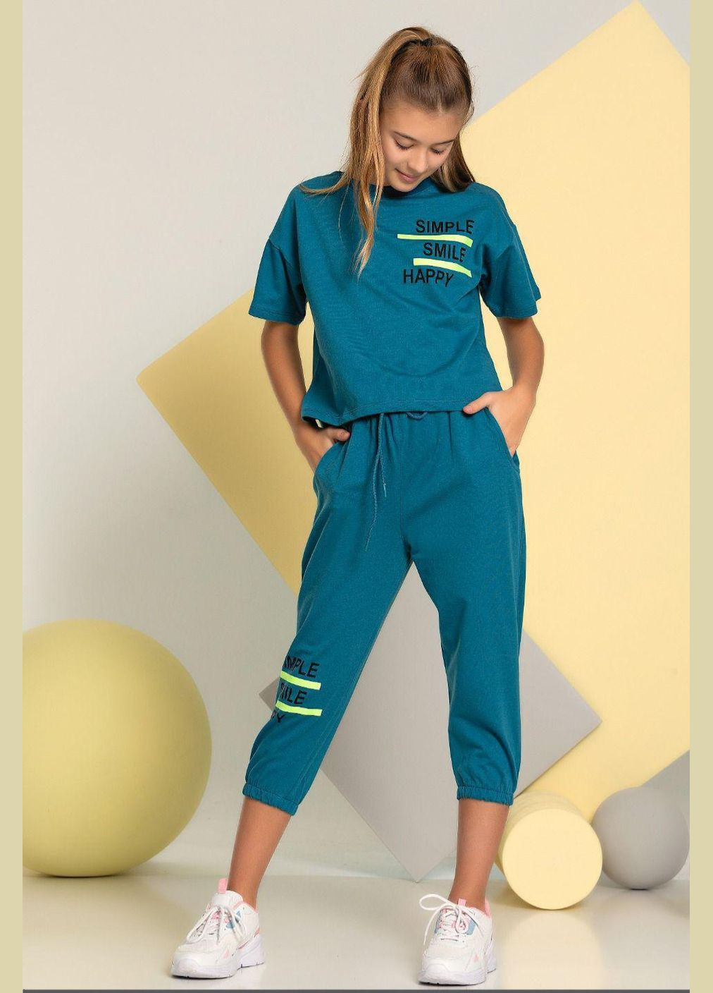 Голубой летний футболка + бриджи 7008 темно бирюзовый Smile