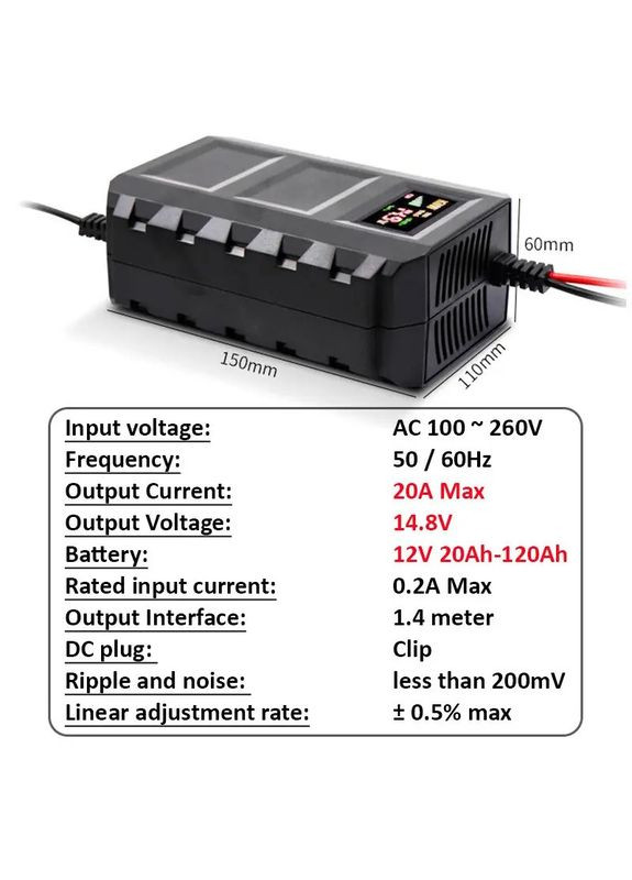 Розумний зарядний пристрій 14.6V 20A 8-10А для гелевих, кислотних, AGM, LiFePO4 LiitoKala (370263840)