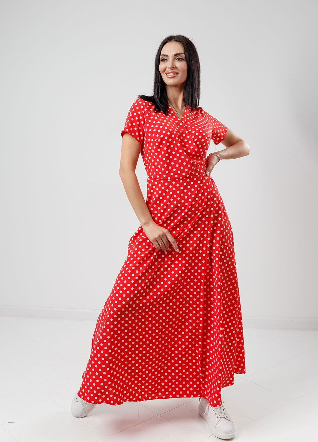 Червона повсякденний, кежуал, коктейльна літня сукня в підлогу на запах Fashion Girl в горошок