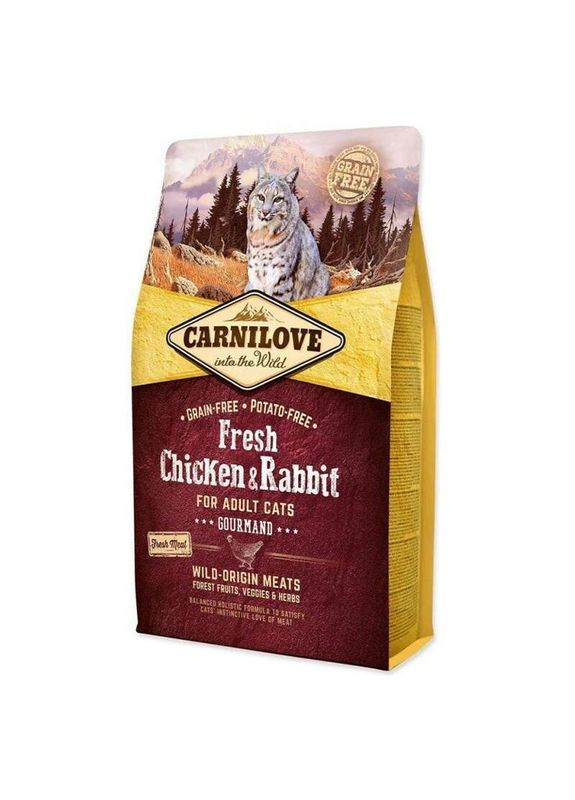 Fresh Chicken & Rabbit for Adult Cats Gourmand - Сухой беззерновой корм с кроликом и курицей для взрослых котов - 2 кг Carnilove (336183162)