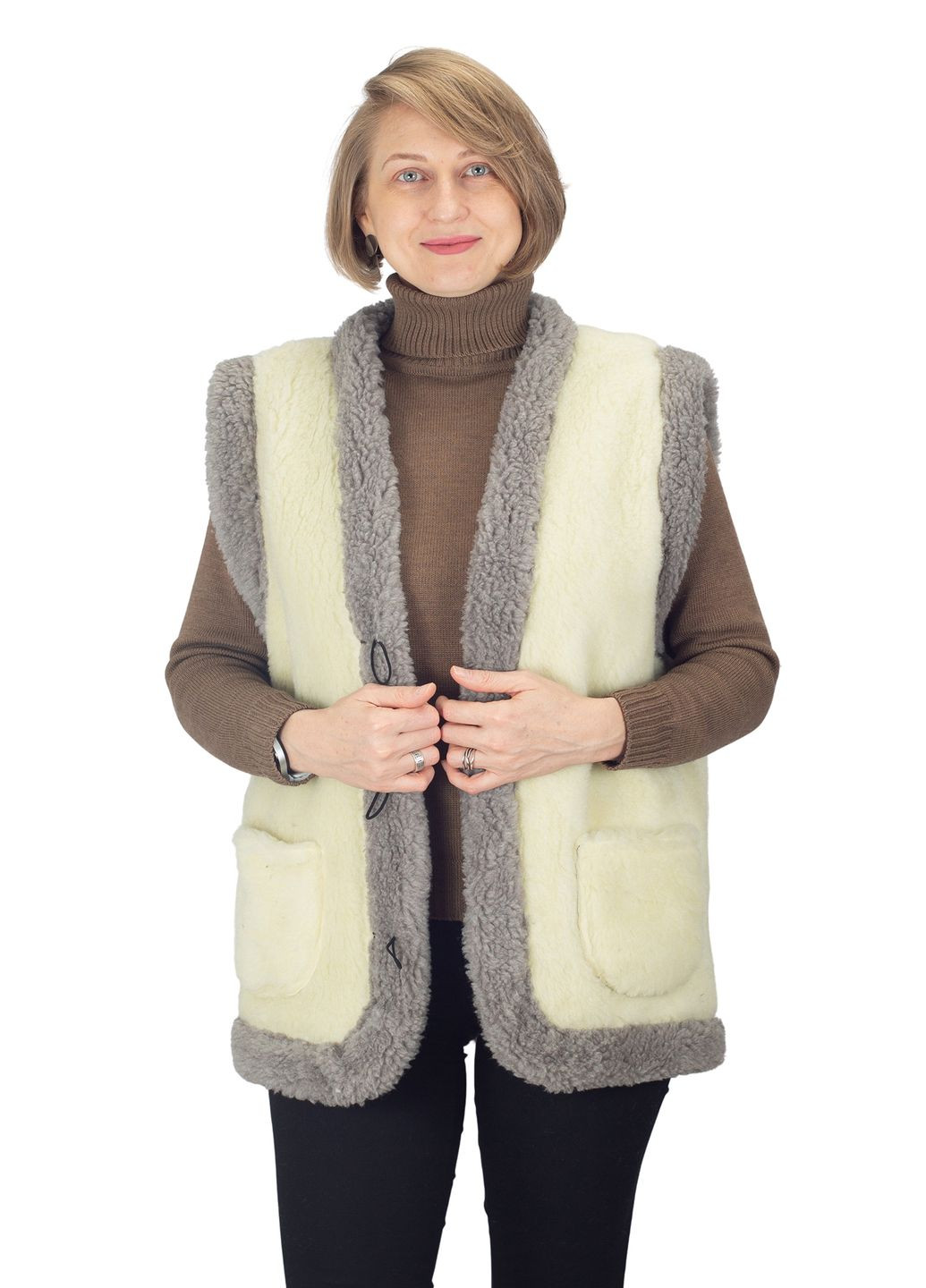 Жилетка женская теплая двухсторонняя из овчины бежевая с серым Olli (360406846)