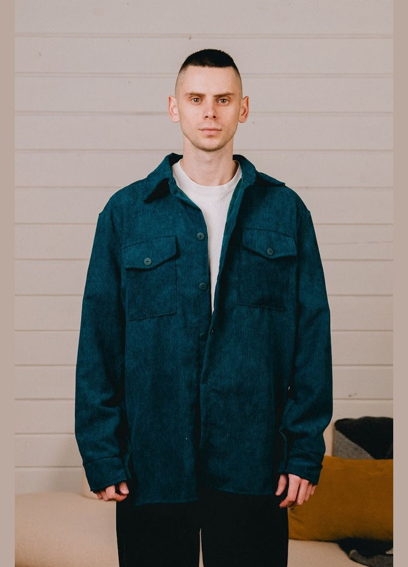 Смарагдова демісезонна вельветова сорочка для чоловіків прямого крою hc (h001-3358-045) Be in fashion
