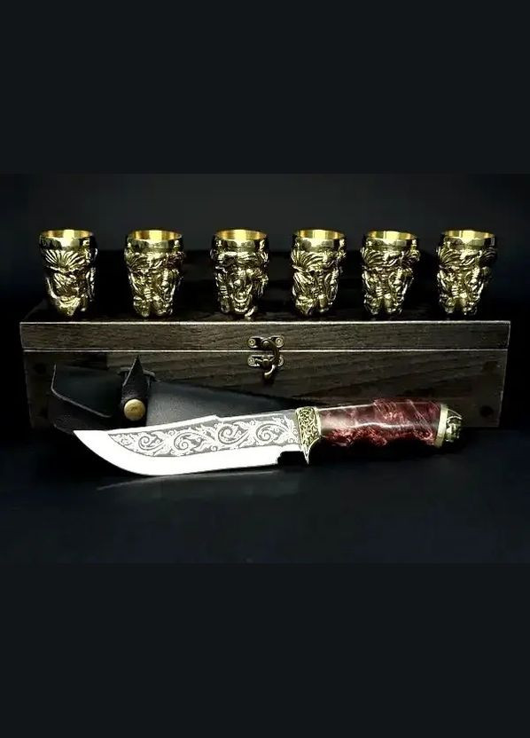 Набор стопок подарочный "Казаки" с бронзы (6 шт) и ножом в деревянном кейсе из бука Handmade 48440008 (345646793)