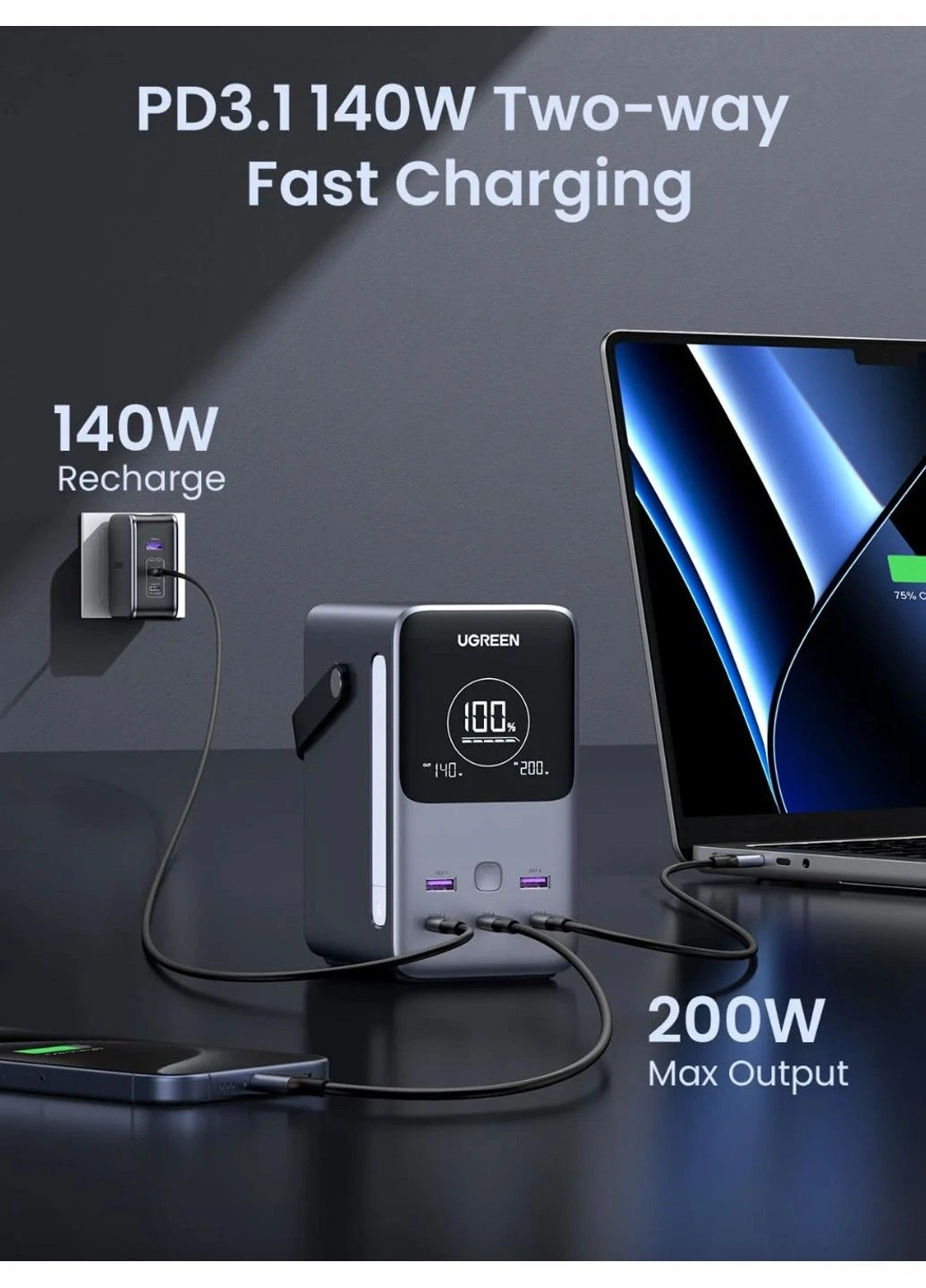 Портативная зарядная станция (павербанк) 48 000 мАч 300W для ноутбуков, планшетов и смартфонов PB770 Ugreen (384042615)