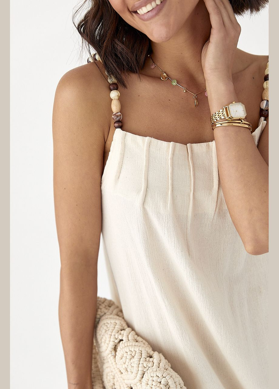 Летний женский сарафан свободного кроя с бусами на бретелях Lurex