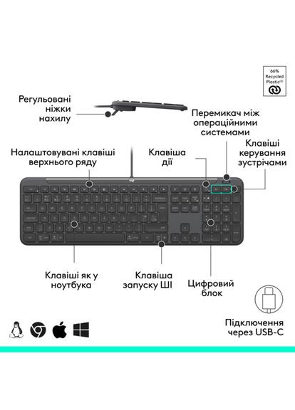 Клавіатура Signature Slim K620 Wired Keyboard for Business - GRAPHITE (920-013333) Logitech (347174300)