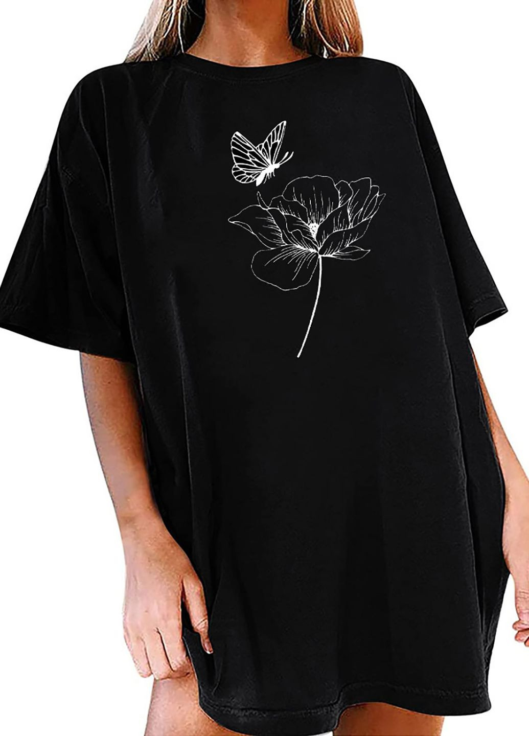 Черное платье-футболка черное с удлиненным рукавом lepidopteran landscape Love&Live с рисунком