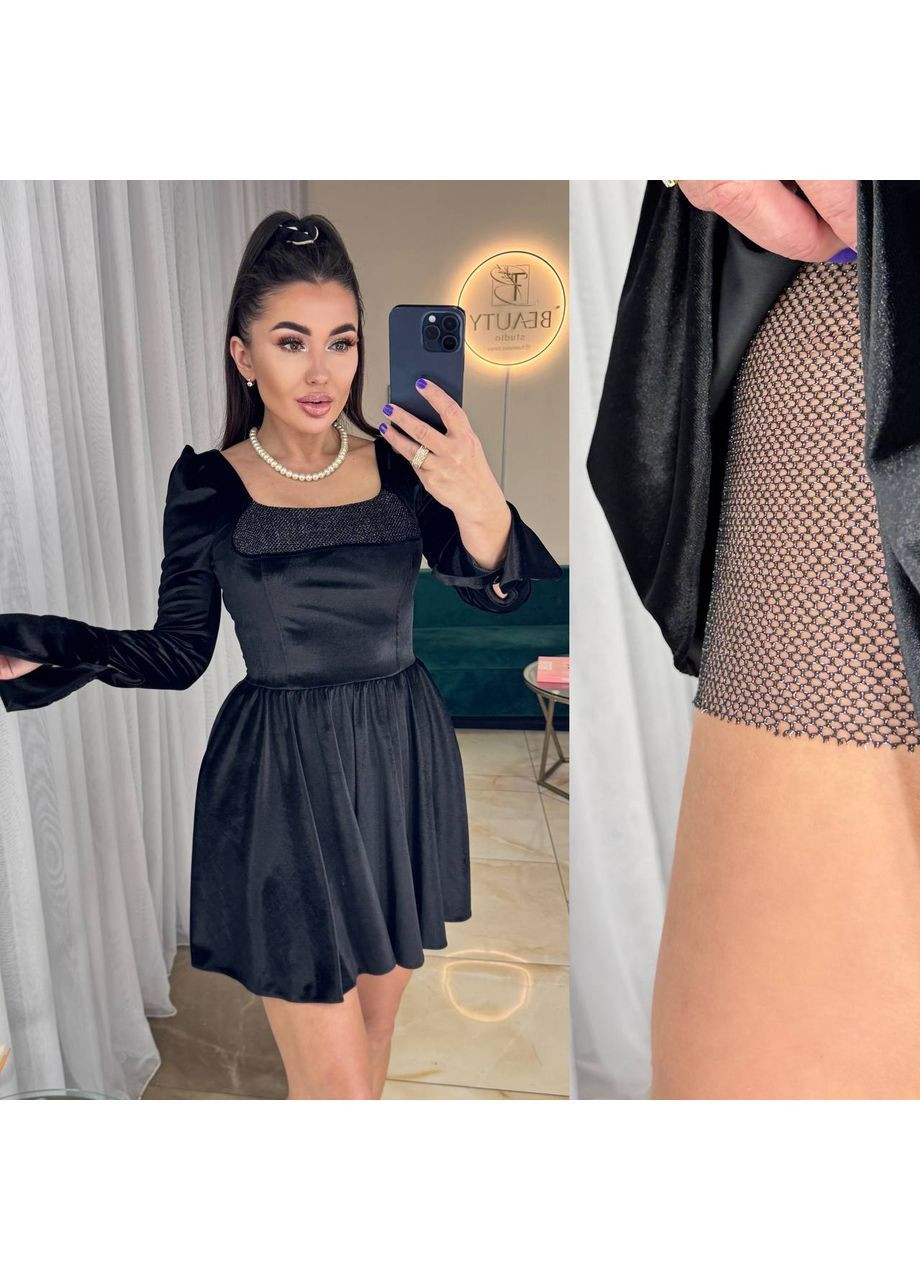Чорна святковий, коктейльна, вечірня жіноча елегантна сукня з королівського бархату кльош Avanti однотонна