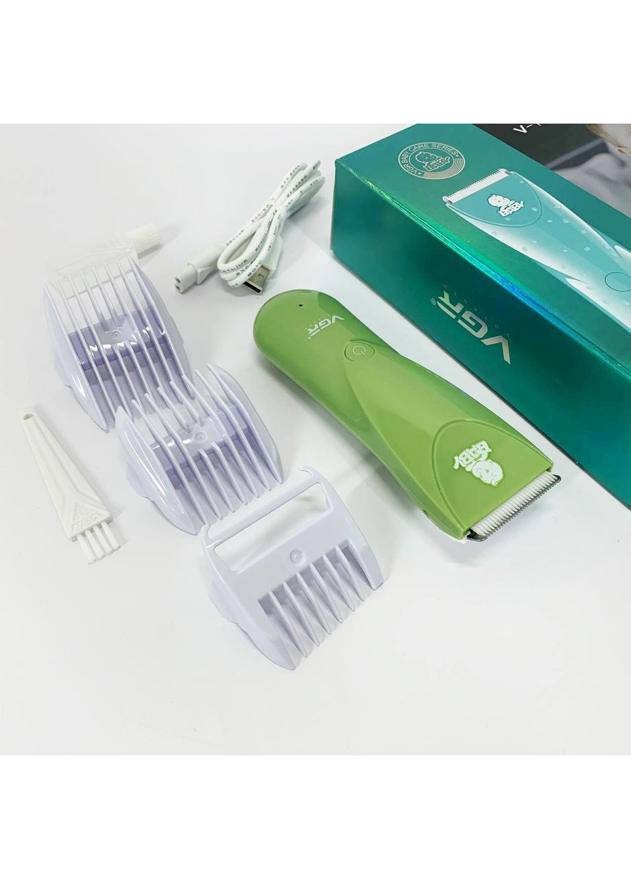 Очень тихая беспроводная машинка для стрижки волос детей V-150 с насадками. Цвет: зеленый VGR (364665519)