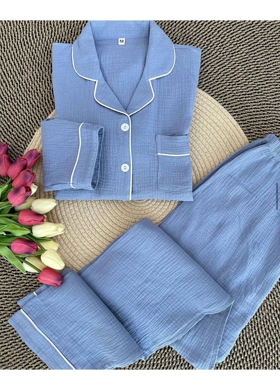 Блакитна всесезон жіноча піжама сорочка + брюки No Brand