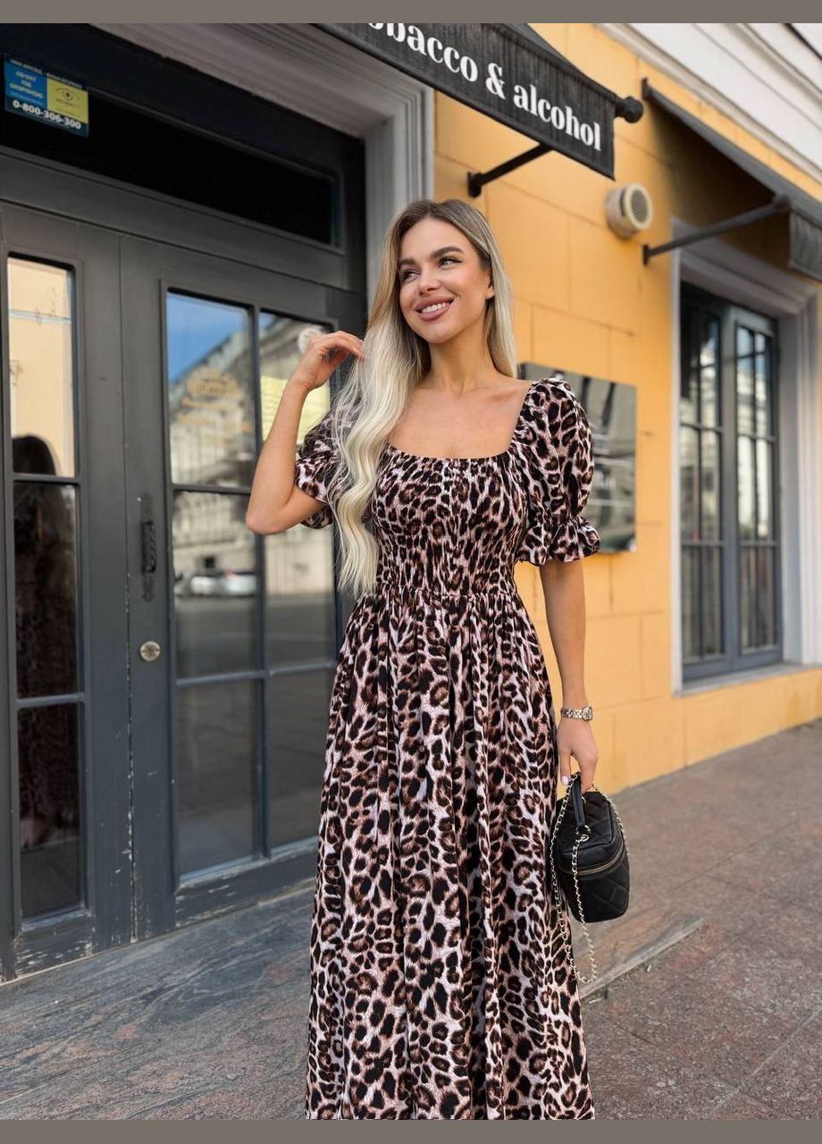 Коричневое повседневный, праздничный женское длинное летнее платье с разрезом а-силуэт Україна леопардовый