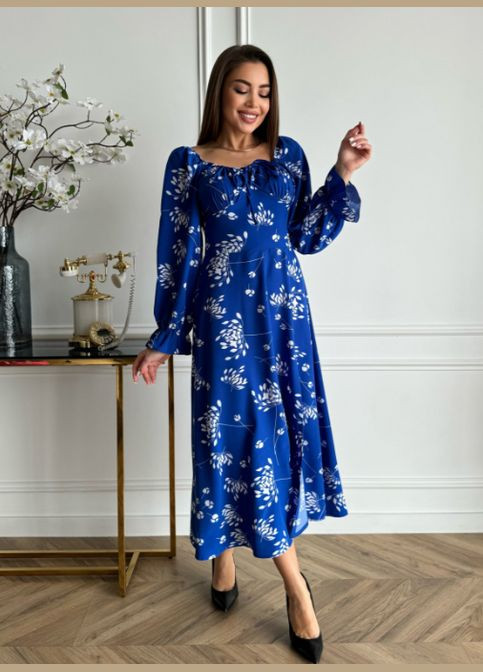 Синя повсякденний, вечірня квіткова сукня з розрізом No Brand з квітковим принтом