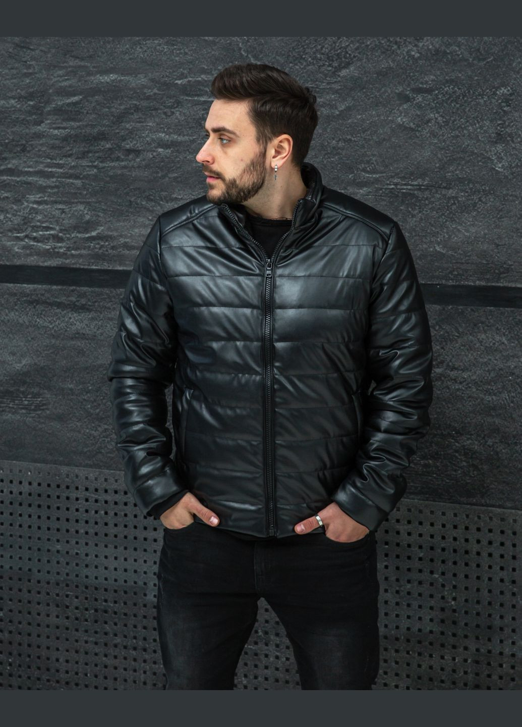 Чорна демісезонна куртка чоловіча з еко-шкіри демісезон No Brand куртка