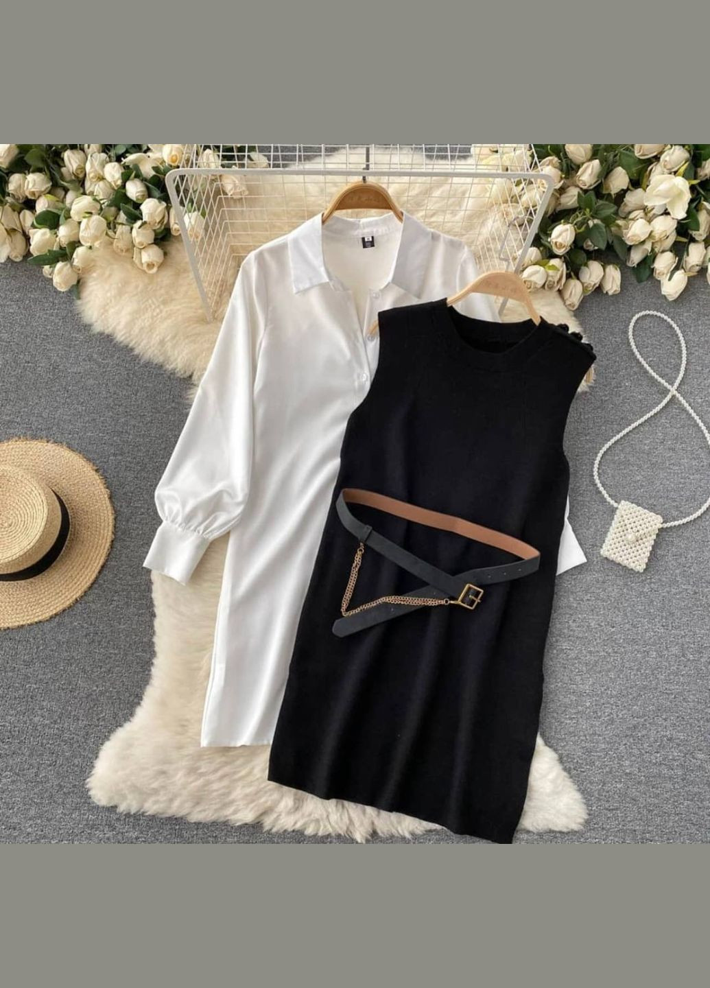 Чорно-білий святковий, повсякденний, ділова сукня жіноча з сорочкою та ремінцем, сукня-сорочка жіноча з ремінцем на кожен день No Brand