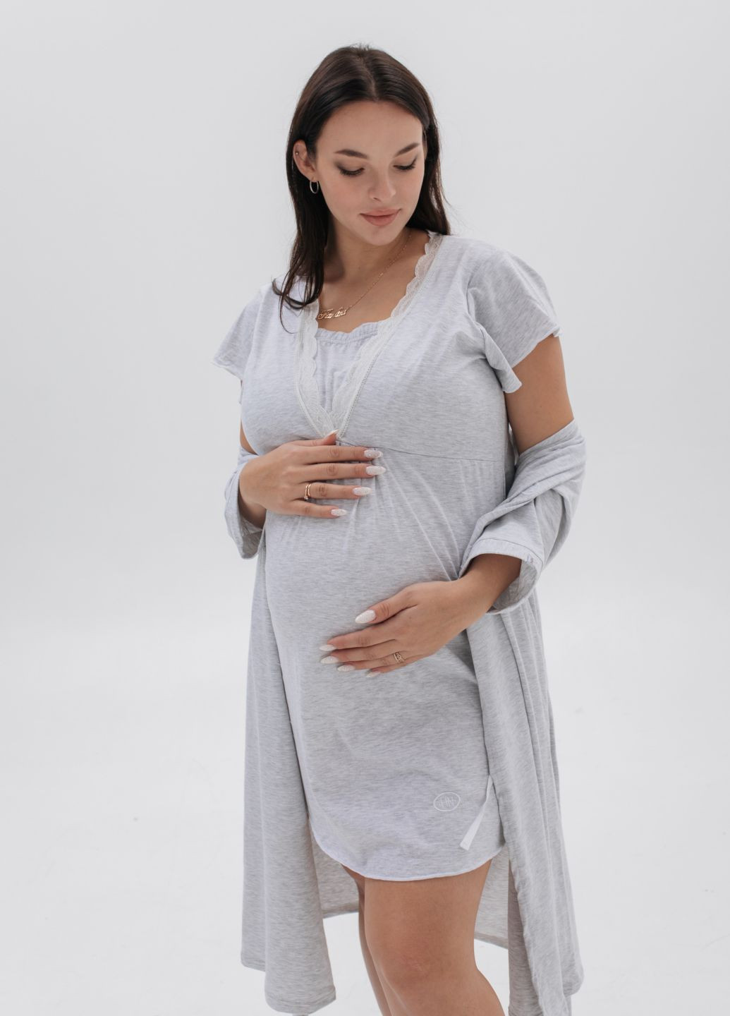 Серый демисезонный комплект ночная рубашка + халат для беременных и кормящих HN