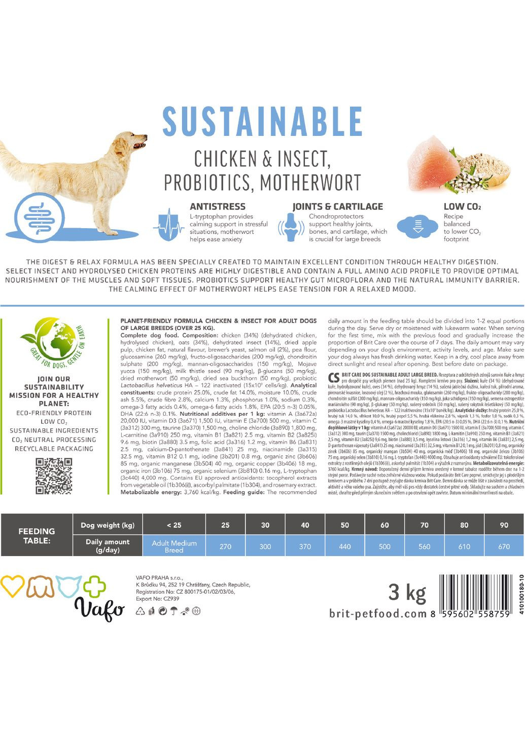 Корм для собак великих порід Dog Sustainable Adult Large Breed з куркою та комахами 3 кг (8595602558759) Brit Care (316226700)