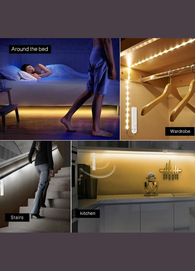 LED стрічка 1м від батарейок або powerbank з датчиком руху і сенсором освітленості біле холодне світіння No Brand 6864 (299386647)